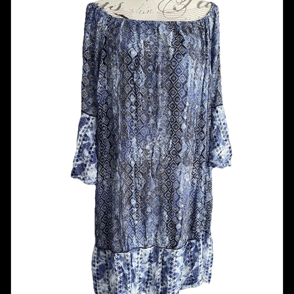 Style & Co Printed Dress Off The Shoulder Blue White Women’s Size Large